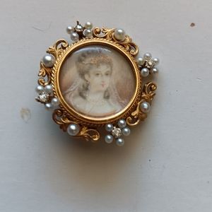 1920's Vintage 18k Gold Seed Pearl Diamonds Miniature Pendant/Brooch